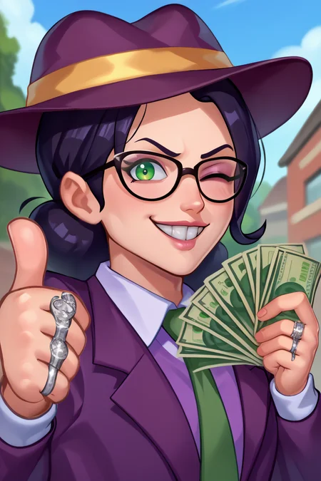 score_9, score_8_up, score_7_up, BREAK,  <lora:gangstersb-guy-PONYv1:1>, gangstersb, thumbs up, one eye closed, grin, smile, money, holding money, portrait, cropped torso, ring, formal, hat, necktie, suit, striped, solo,  <lora:mspauling-pdxl-nvwls-v1:0.9> mspauling, black hair, glasses, purple shirt, buttoned shirt, 1girl, looking at viewer, outdoors, green eyes,