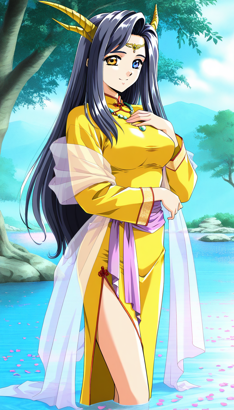 masterpiece, best quality, good quality,  <lora:Nami_Koihime_IS:1>Nami_Koihime, long hair, breasts, black hair, medium breasts,blue eyes, large breasts, 1990s (style), foreheadã
1girl, solo, yellow eyes, horns, 1990s (style), outdoors, retro artstyle, necklace, day, shawl, dress, jewelry, long sleeves, standing, tree, looking at viewer, hand on own chest, water, blue hair, yellow dress, circlet, petals, robe, smile, purple hair, chinese clothes, see-through, sash, dragon girl