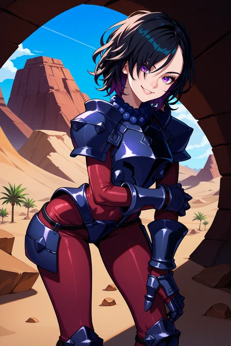 score_9, score_8_up, score_7_up, score_6_up, source_anime, 1girl, solo, <lora:berengaria-pdxl-nvwls-v1-000006:1> berengaria, black hair, short hair, purple eyes, hair over one eye, maroon bodysuit, long sleeves, black armor, gauntlets, leaning forward, looking at you, head tilt, smile, blue sky, desert