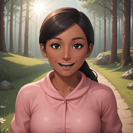 score_9, score_8, BREAK, solo, wii, mii, wii sports, 1girl, female mii, black eyes, black hair, black eyebrows, dark skin, open mouth, pink clothing, white pants, sneakers, nintendo mii, modern_mii, classic_mii, breasts, sakura_(wii_sports), cute, sexy pose, smile, outdoors, sunlight, shadows, evening lighting, natural lighting, forest, trees, grass, orange sky, sunset