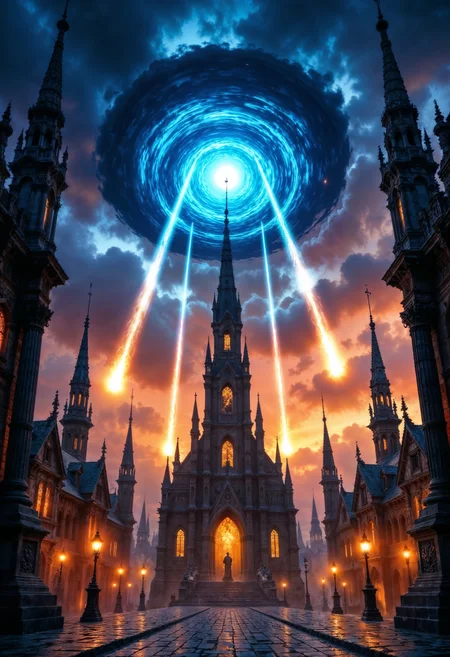 a grand, ornate cityscape under a dramatic sky. The city is characterized by towering, gothic-style architecture with intricate details and glowing golden accents. Above the city, a swirling blue vortex dominates the sky, from which multiple luminous, spear-like projectiles descend, casting a radiant glow. The sky is a mix of dark, swirling clouds and vibrant orange hues, suggesting a sunset or otherworldly atmosphere. The overall composition is symmetrical, with the central tower aligning with the vortex, creating a sense of balance and focus. The scene conveys a sense of awe and impending action, with the celestial elements contrasting against the structured city below.