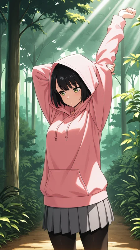 masterpiece, best quality, amazing quality, girl, stretching, <lora:Song-Yi Han - Illu:0.9>, short hair, black hair, green eyes, mole under eye, hood up, pink hoodie, grey skirt, pleated skirt, black pantyhose, forest, light rays, foliage, canopy,