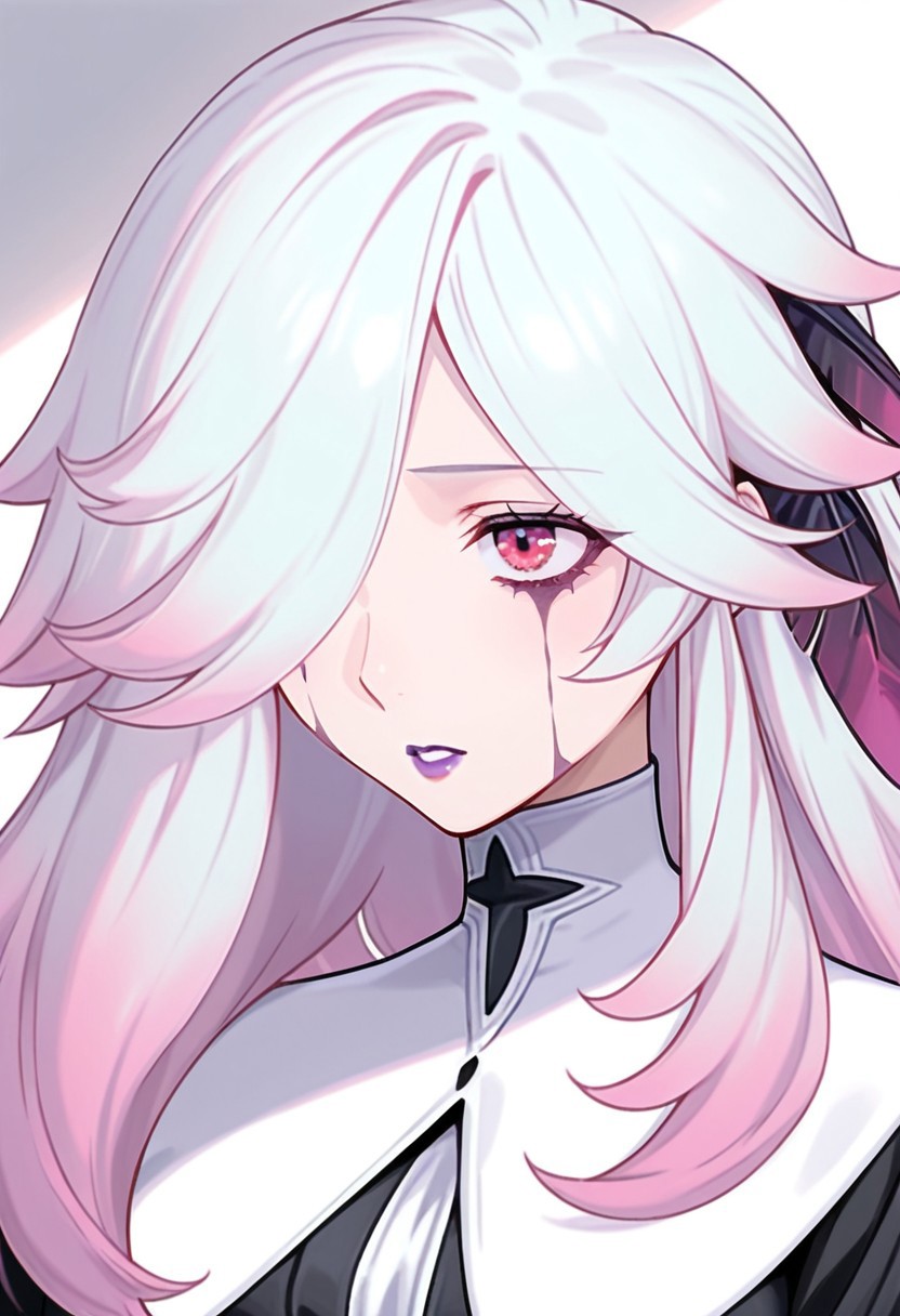 AMAZING QUALITY, MASTERPIECE, 1GIRL, CHIARA, WHITE HAIR, HAIR FEATHERS, HAIR OVER EYE, PINK HIGHLIGHTS, RED EYES, DRESS, EYE STAINS, PURPLE LIPSTICK, PORTRAIT