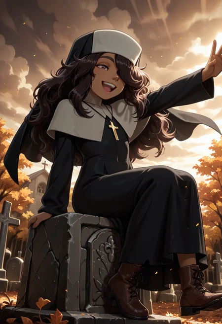 masterpiece, best quality, 32k, high resolution, absurdres 
1girl, solo, Carlini, dark skin, brown hair, long hair, hair over one eye, brown eyes
habit, nun , nun dress, cross necklace,
dynamic pose, sitting, on the gravestone, laughing, open mouth,
outdoors,  graveyard, old graves, old tombstones, stone wall around, autumn, old small church in background, cloudy
light particles, dynamic angle,  cinematic angle, various angles, detailed background, beautiful background, (rays light:1.0),(grow:1.0) vivid colors, shiny and glossy, anime style, high-res, beautiful aesthetic, very intricate, high-quality details, vibrant, 
<lora:add-detail-xl:1.10> <lora:spo_sdxl_10ep_4k-data_lora_webui:0.95> <lora:noobai_ep11_stabilizer_v0.138_fp16:0.6> <lora:StS-Illustrious-Detail-Slider-v1.0:1.10> <lora:cfg_scale_boost:0.95> <lora:nyalia:0.20>   <lora:carlini_illustrious:0.8>