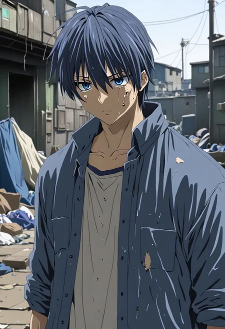 Anime Style, easynegative, detailed_eye_model, Highres, Masterpiece, High Quality, 4K, 8K, solo, 1boy, Tomoya Okazaki, Deep Blue Eyes, Grey Blue Hair, slums, shabby, dirty, dull, tired, weak, anxious, damaged goods, plastic bags