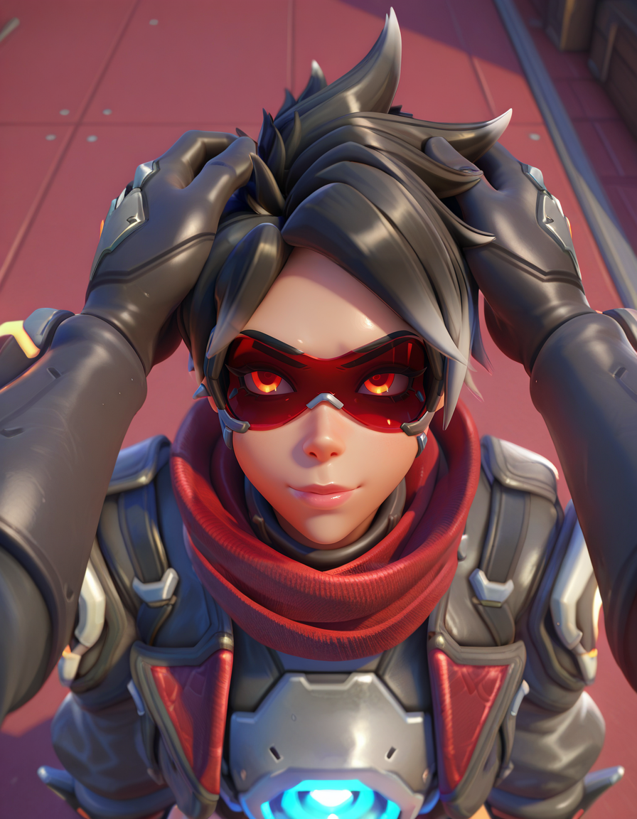 Masterpiece, high-res, 2k, best quality, 3d, solo focus,   operativeoxton, tracer (overwatch) , goggles, jacket, red scarf <lora:Operative_Oxton_Illus-000043:1> Hands on her head lifted up
