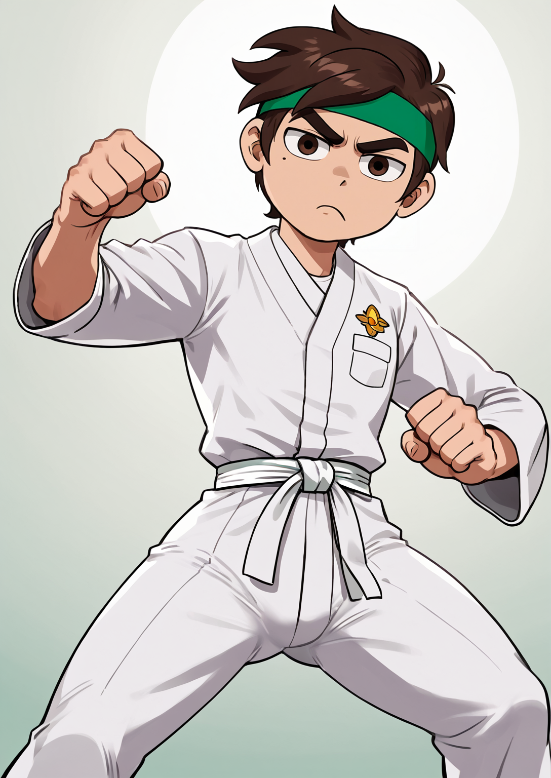 masterpiece,best quality,very aesthetic,<lora:marco_diaz:0.6>,marco diaz,from below,brown hair,mole under left eye,short hair,solo,thick eyebrows,white karate uniform,green headband,<lora:Lucyla_Art_Style:0.5>,1boy,looking at viewer,pout,fighting stance, standing,spread legs,