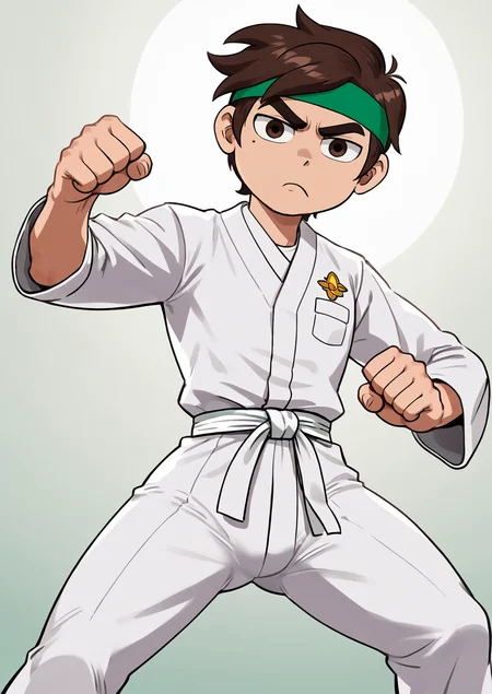 masterpiece,best quality,very aesthetic,<lora:marco_diaz:0.6>,marco diaz,from below,brown hair,mole under left eye,short hair,solo,thick eyebrows,white karate uniform,green headband,<lora:Lucyla_Art_Style:0.5>,1boy,looking at viewer,pout,fighting stance, standing,spread legs,