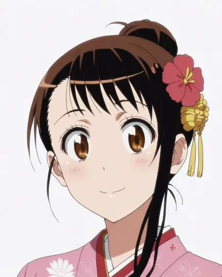score_9, score_8_up, score_7_up, best quality, masterpiece, anime, anime screencap, anime coloring, looking at viewer, 1girl, solo, (portrait, three quarter view:1.3), (simple background, solid white background:1.3), <lora:kosaki-nisekoi:0.8>, kosaki onodera, japanese clothes, pink kimono, floral print, hair bun, hair flower, hair ornament, smile, :d