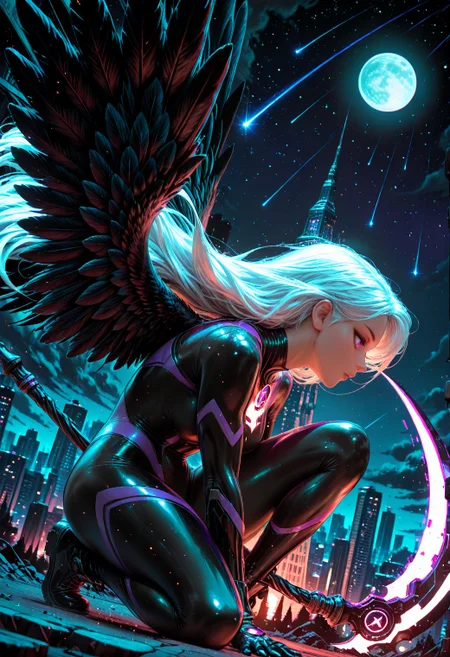SmoothNoob_Quality, 1girl, solo, very long white hair, kneeling, superhero landing, one knee up, holding weapon, scythe, glowing weapon, monochrome,black wings, moon, shooting star, starry sky, indigo background, feathered wings, silhouette, spotlight,from side, close up,cityscape, tower in background, city lights, (glitch art, dithering,chromatic aberration,pixel art, film grain),dynamic angle,perspective, scenery <lora:Smooth_Booster:0.5> <lora:SLE_v2:0.25>