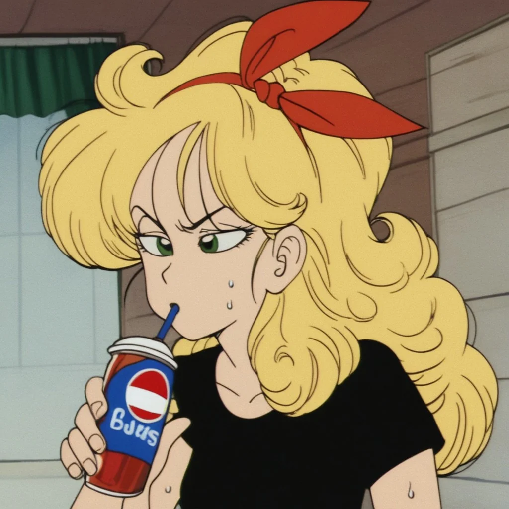 score_9,score_8_up,score_7_up, orgasm face, shiny oild skin, sweat, (1girl),
retro artstyle, bad launch, 1girl, solo, blonde hair, long hair, curly hair, red hair ribbon, green eyes, green eyes, drinking pepsi at a cafe, black t-shirt, army green pants,
<lora:LaunchPony:0.75> <lora:KameHousePonyV1_1:0.75>
