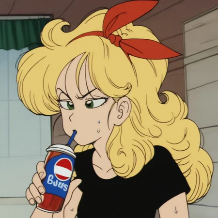 score_9,score_8_up,score_7_up, orgasm face, shiny oild skin, sweat, (1girl),
retro artstyle, bad launch, 1girl, solo, blonde hair, long hair, curly hair, red hair ribbon, green eyes, green eyes, drinking pepsi at a cafe, black t-shirt, army green pants,
<lora:LaunchPony:0.75> <lora:KameHousePonyV1_1:0.75>