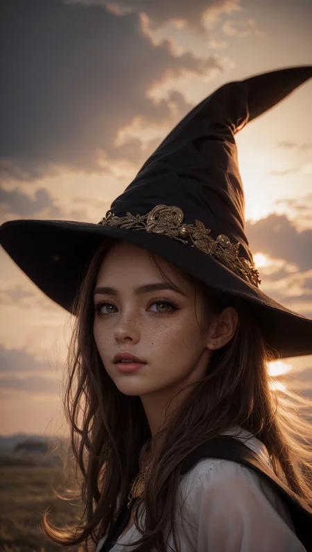 photorealistic, 35mm, intricate details, hdr, intricate details, hyperdetailed, natural skin texture, hyperrealism, sharp, 1 girl, adult (elven:0.7) woman, freckles, grey eyes, chestnut layered hair, portrait, looking down, solo, half shot, detailed background, witch hat, witch, magical atmosphere, hair flowing in the wind, red trimmed light colored clothes, whirlwind of swirling magic spell in the air, dark magic, (style-swirlmagic:0.8), floating particles,