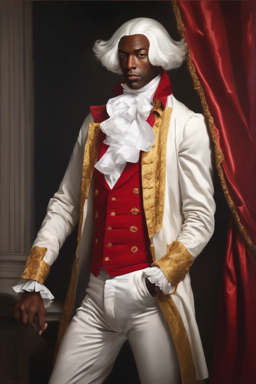 John Singleton Copley Style - as a Victorian gentleman wearing a white wig standing in a dynamic pose in the style of Charlotte Aurora Finnerup and the moulin rouge bright red and gold accentsv 5.1
