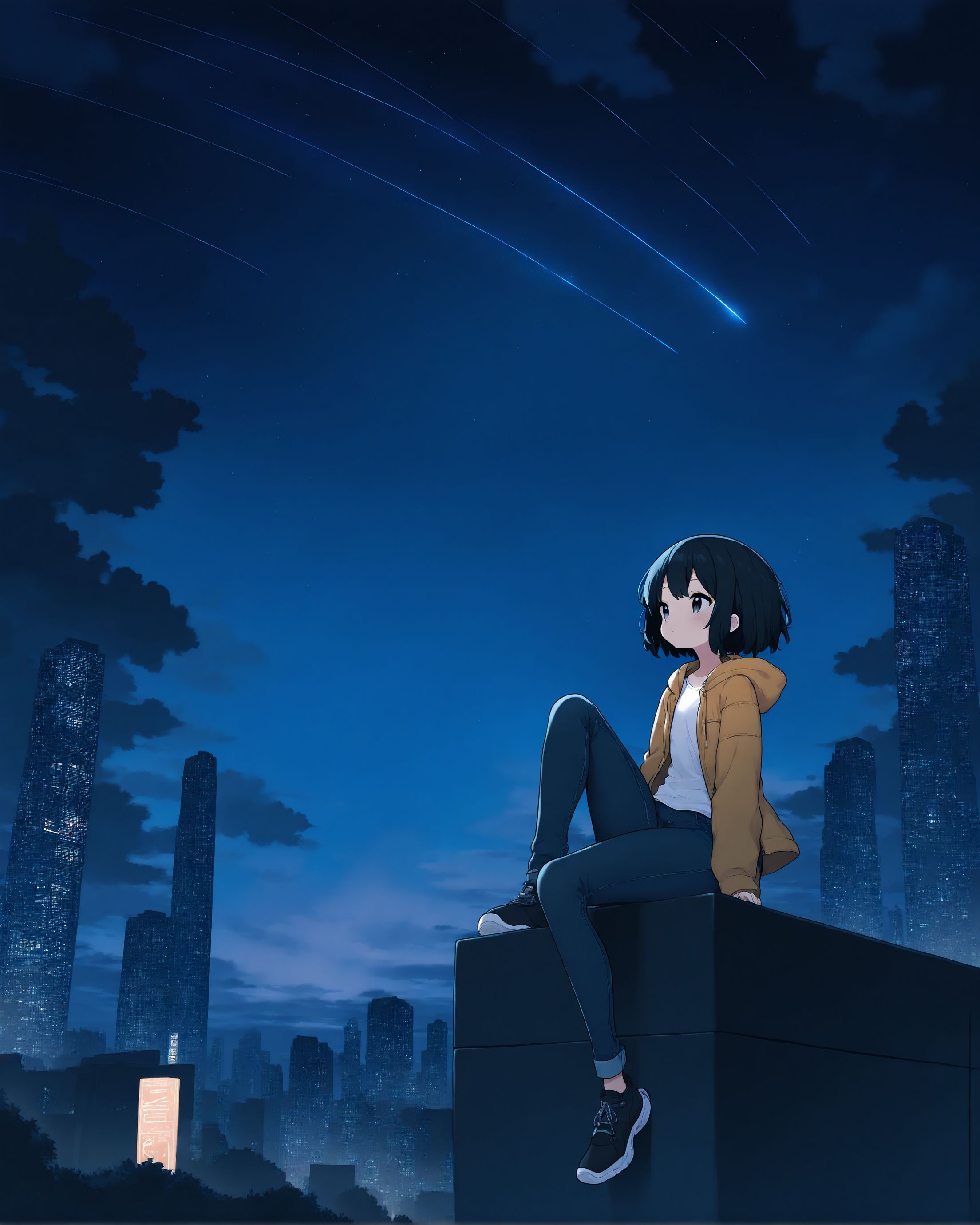 1girl, solo, cowboy shot, cute girl, pants, black hair, white shirt, sitting, shooting star, hood down, jacket, short hair, starry sky, open jacket, long sleeves, jeans, cloud, knee up, hooded jacket, night, shoes, looking away, skyscraper, cityscape, outdoors, <lora:locute_noob11_v3_original:1>