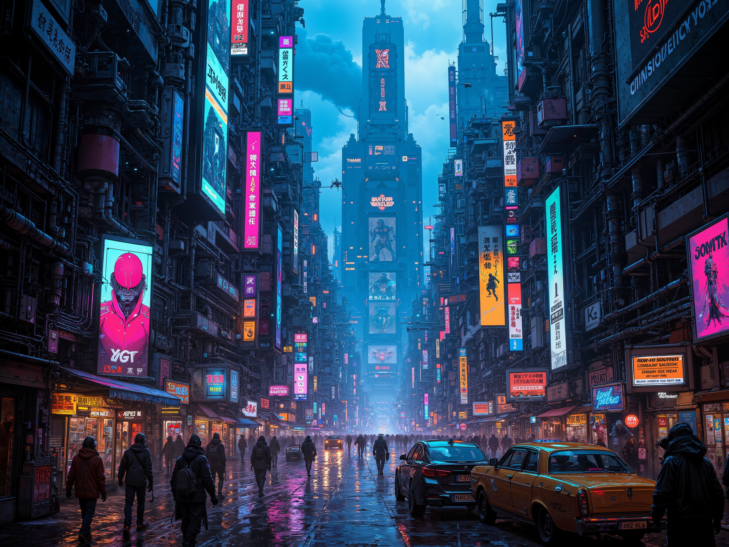 Neon-drenched cyberpunk metropolis, towering skyscrapers with holographic advertisements, rain-slicked streets reflecting vibrant colors, flying cars zooming between buildings, dense urban sprawl, high-tech cybernetic implants on pedestrians, steam rising from vents, glowing data streams in the air, augmented reality interfaces, corporate logos dominating skyline, grimy alleyways contrasting with sleek architecture, advanced robotics patrolling streets, hacker dens hidden in shadows, cybercafes buzzing with activity, polluted smog hanging over city, intricate cable networks connecting structures, street vendors with futuristic wares, neon-lit subway entrances, massive video billboards, 8k ultra-detailed, photorealistic rendering, atmospheric lighting <lora:CPA:0.6> <lora:DND_GRAINYBOYZ_FG_FLUX_V2_ROMULUS_Lora:0.3> <lora:Rainbow_on_black_style-000003:0.6>