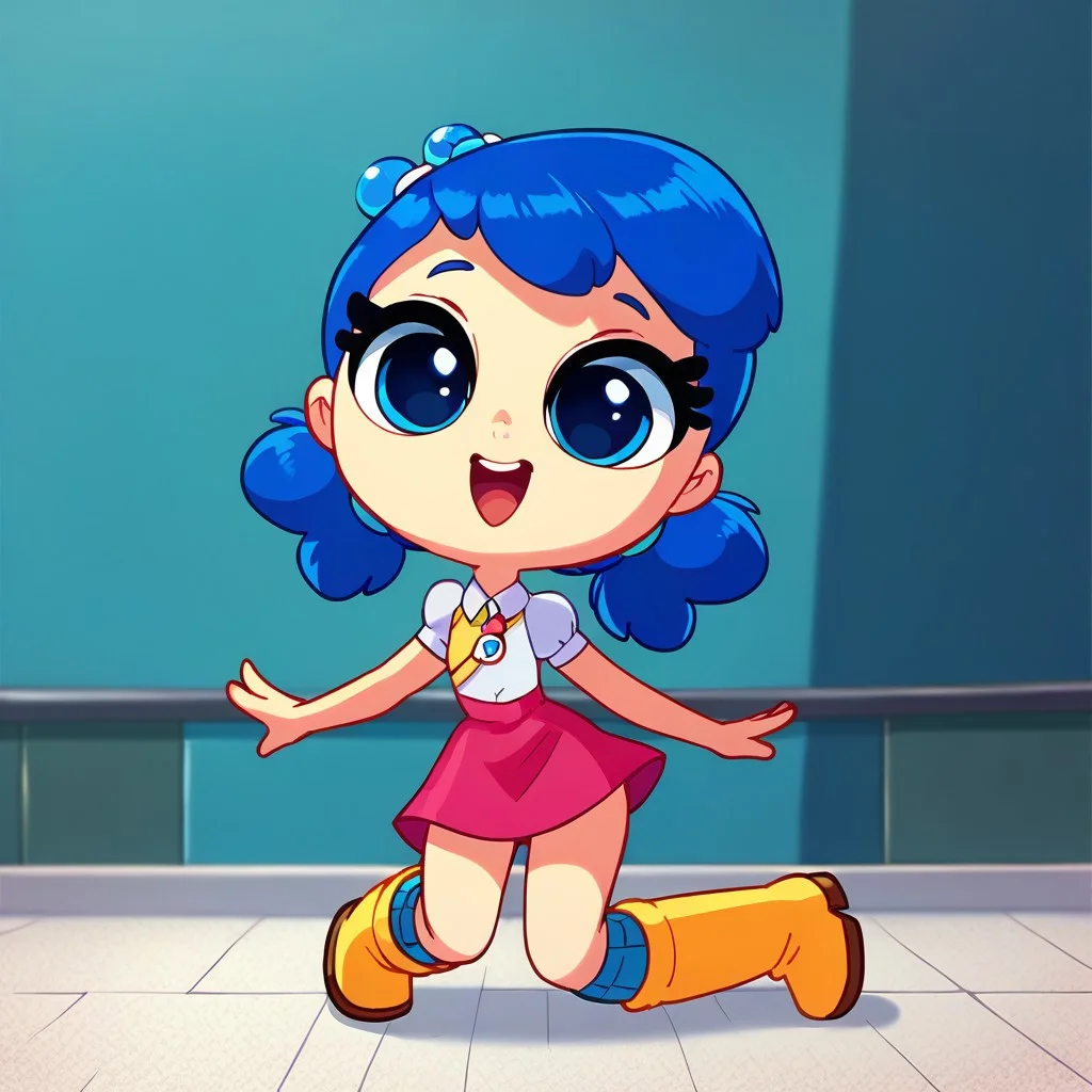 score_8, score_9, solo, true, blue hair, twintails, hair ornament, blue eyes, skirt, boots, open mouth, happy