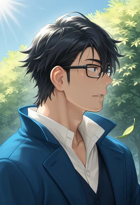 masterpiece, best quality, amazing quality, absurdres, newest, detailed background, definition so sharp, Ultra-HD, 8K cinematic, very awa, impressionate, amazing quality, highres, d10w21ll,
solo, male focus, manly, mature male, bara, day, blue sky, outdoor, sunbeam, windy, flying leaf,
1boy, short hair, glasses, saruhikofushimi, saruhiko_black hair, saruhiko_black eyes, blue coat, collared shirt, side view, looking far away,
calm expression, parted lips