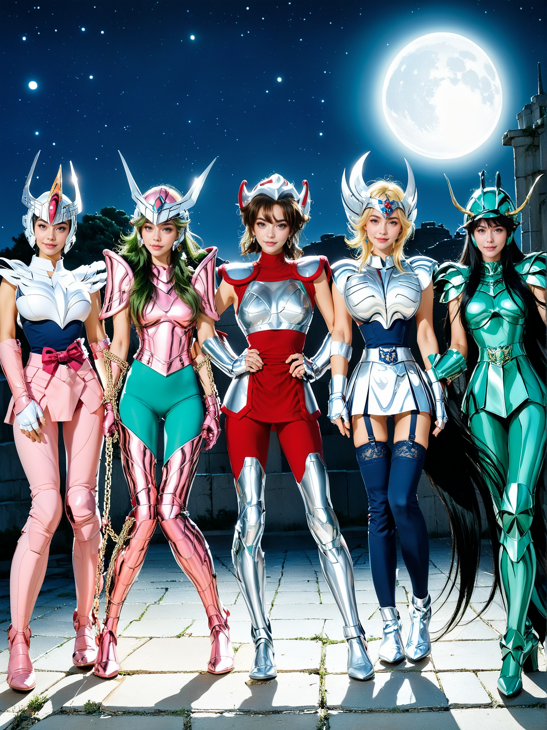 score_9,score_8_up,score_7_up,8k,pretty face,detailed face,detailed eyelashes,get eyebrows,5girls,heavy make-up,multiple_girls,outdoors,night,huge moon,starry_sky,galaxy,Greece,Athens,Acropolis,ancient city,ruins,large breasts,slim waist,wide hips,((intricate)),
BREAK
<lora:saintseiya5-pony-v90-000006:0.2>,1gikki,short hair,armor,helmet,black hair,high heels,boots,breastplate,blue corset,pink armor skirt,blue leggings,fingerless gloves,gloves,shoulder armor,armored boots,high heel boots,pink footwear,pauldrons,gauntlets,smile,
BREAK
<lora:saintseiya5-pony-v90-000006:0.2>,1gshun,pink armor,Germany girl,(green leggings:1.1)armor,green hair,long hair,breasts,boots,helmet,gloves,gauntlets,pauldrons,armored boots,shoulder armor,chain,skin tight,vambraces,thigh boots,pink gloves,greaves,breastplate,earrings,shoulder pads,bodysuit,green eyes,hand on other one's shoulders,smile,
BREAK
<lora:saintseiya5-pony-v90-000006:0.2>,1gseiya,japanese girl,armor,brown hair,breastplate,fingerless gloves,gloves,helmet,faceless,short hair,red corset,bodysuit,shoulder armor,earrings,greaves,armored boots,sleeveless,vambraces,pauldrons,boots,breasts,hand on other one's shoulders,armor skirt,smile,
BREAK
<lora:saintseiya5-pony-v90-000006:0.2>,1ghyoga,russian girl,blonde hair,short hair,armor,thighhighs,boobplate,garter straps,fingerless gloves,blue thighhighs,boots,gloves,blue corset,lace-trimmed legwear,breastplate,helmet,armored skirt,earrings,vambraces,gauntlets,belt,dress,breasts,hand on other one's hips,smile,
BREAK
<lora:saintseiya5-pony-v90-000006:0.2>,1gshiryu,long hair,armor,very long hair,high heels,black hair,high heel boots,medium breasts,boots,gloves,skirt,green armor,shoulder armor,breastplate,helmet,pantyhose,belt,skin tight,clenched hand,fingerless gloves,vambraces,pauldrons,clenched hands,armored boots,leotard,smile,