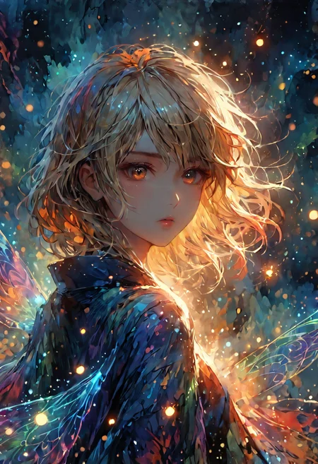 (mix of watercolor and oil painting, ukyio-e, RAW photo, photorealism, photo studio, etheral, motion lines, glowing, Chiaroscuro, 1girl, woman, female focus, solo, adult female,ash blonde Medium hair, brown eye, wondering gaze,in a dystopian landscape background,deep colors, vivid, colorful, fairy tale aethestics, magic, fireflies, cinematic composition, volumetric lighting,volumetric fogs, volumetric dusk, lots of volumetric clouds, cinematic composition, from behind,chiaroscuro,celestial, ethereal)
