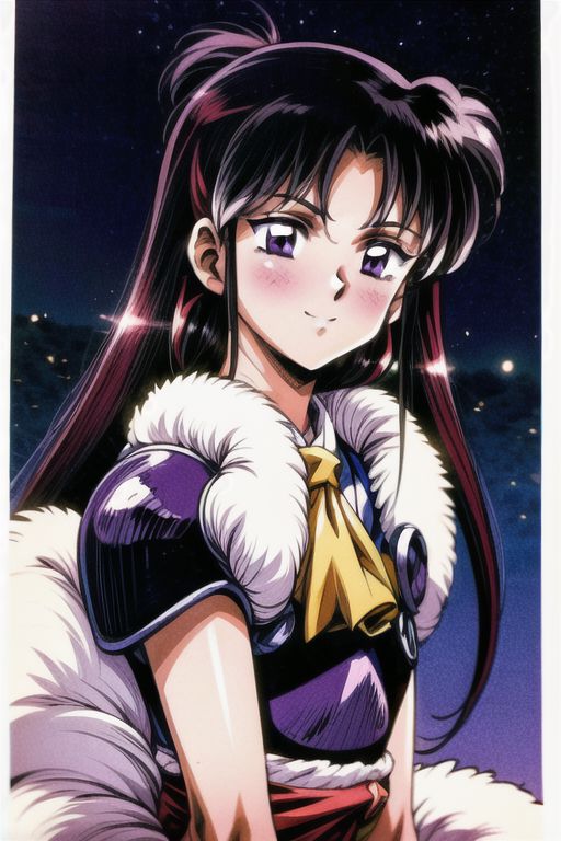 best quality 1girl Setsun4 solo long hair,  (night time) forest background black hair very long hair purple eyes multicolored hair armor, small, (fur trim) (medium body),<lora:EMS-179-EMS:0.800000>,<lora:EMS-293862-EMS:0.800000> bow, hair_bow, hair_tubes, red_bow, brown_hair, long_hair, bangs, ascot, frilled_bow, yellow_ascot, blush, smile, hair_between_eyes, athletic, armor, miko,  Smiling, happy,