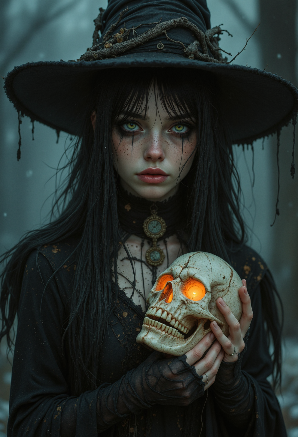 analog film photo Tragic gothic witch with wild, tangled black hair, hollow electric blue eyes, and smudged mascara trailing down her cheeks. She clutches a softly glowing skull, staring into it with quiet despair. Her dark, sleek, elegant fashion is adorned with faded occult symbols, hinting at forgotten rituals and lost love. A sense of grief, dread, and ancient sorrow lingers in the air. Rendered in a style blending horror and mournful fantasy, with hyper-detailed features and a haunting, spectral presence. The background is a cold, starless night veiled in silent fog and whispers of forgotten magic., <lora:aidmaFLuxPro1.1_v0.3:0.5> aidmafluxpro1.1 . <lora:OBååå®èåç»V2.0:0.6> obxiaoxiang <lora:FluxD3tailedP0rtraits:0.4> . faded film, desaturated, 35mm photo, grainy, vignette, vintage, Kodachrome, Lomography, stained, highly detailed, found footage