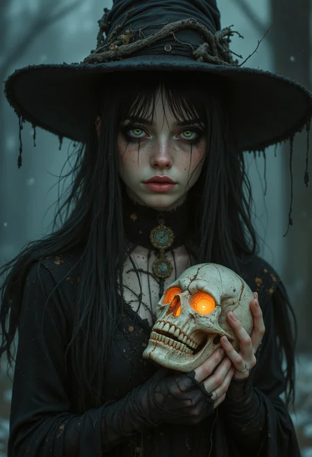 analog film photo Tragic gothic witch with wild, tangled black hair, hollow electric blue eyes, and smudged mascara trailing down her cheeks. She clutches a softly glowing skull, staring into it with quiet despair. Her dark, sleek, elegant fashion is adorned with faded occult symbols, hinting at forgotten rituals and lost love. A sense of grief, dread, and ancient sorrow lingers in the air. Rendered in a style blending horror and mournful fantasy, with hyper-detailed features and a haunting, spectral presence. The background is a cold, starless night veiled in silent fog and whispers of forgotten magic., <lora:aidmaFLuxPro1.1_v0.3:0.5> aidmafluxpro1.1 . <lora:OBååå®èåç»V2.0:0.6> obxiaoxiang <lora:FluxD3tailedP0rtraits:0.4> . faded film, desaturated, 35mm photo, grainy, vignette, vintage, Kodachrome, Lomography, stained, highly detailed, found footage