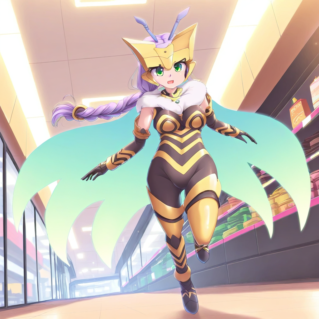 highres, best quality, masterpiece, very aesthetic,1girl,solo,queenbeemon,purple hair,braided ponytail,hair ornament,green eyes,antenna,lzh, <lora:QueenBeemonIllustrious:1>, full body,running,indoors,shopping mall,energy cape