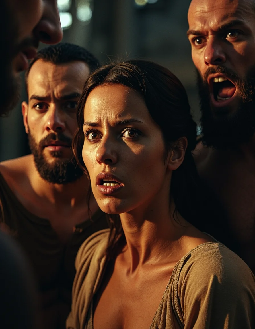 eye level, cinematic, dramatic, Los filisteos amenazan a la esposa de Sansón, y ella finalmente obtiene la respuesta del enigma." Prompt: "Philistine men threatening a frightened woman, woman in ancient clothing, sadness and desperation in her eyes, shadows cast dramatically. , -, unconventional photography, Super Technirama, photo by Ingrid Baars, fine art studio portrait photo, fine skin texture, beautiful, ethereal, bounced lighting,,