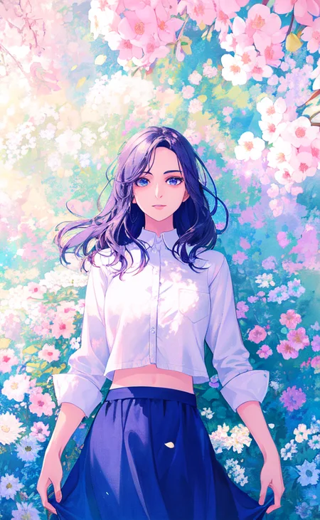 Samia, girl, solo, shirt, looking at you, face,midriff, perfect, flowers, high quality, radiant, knight, godly