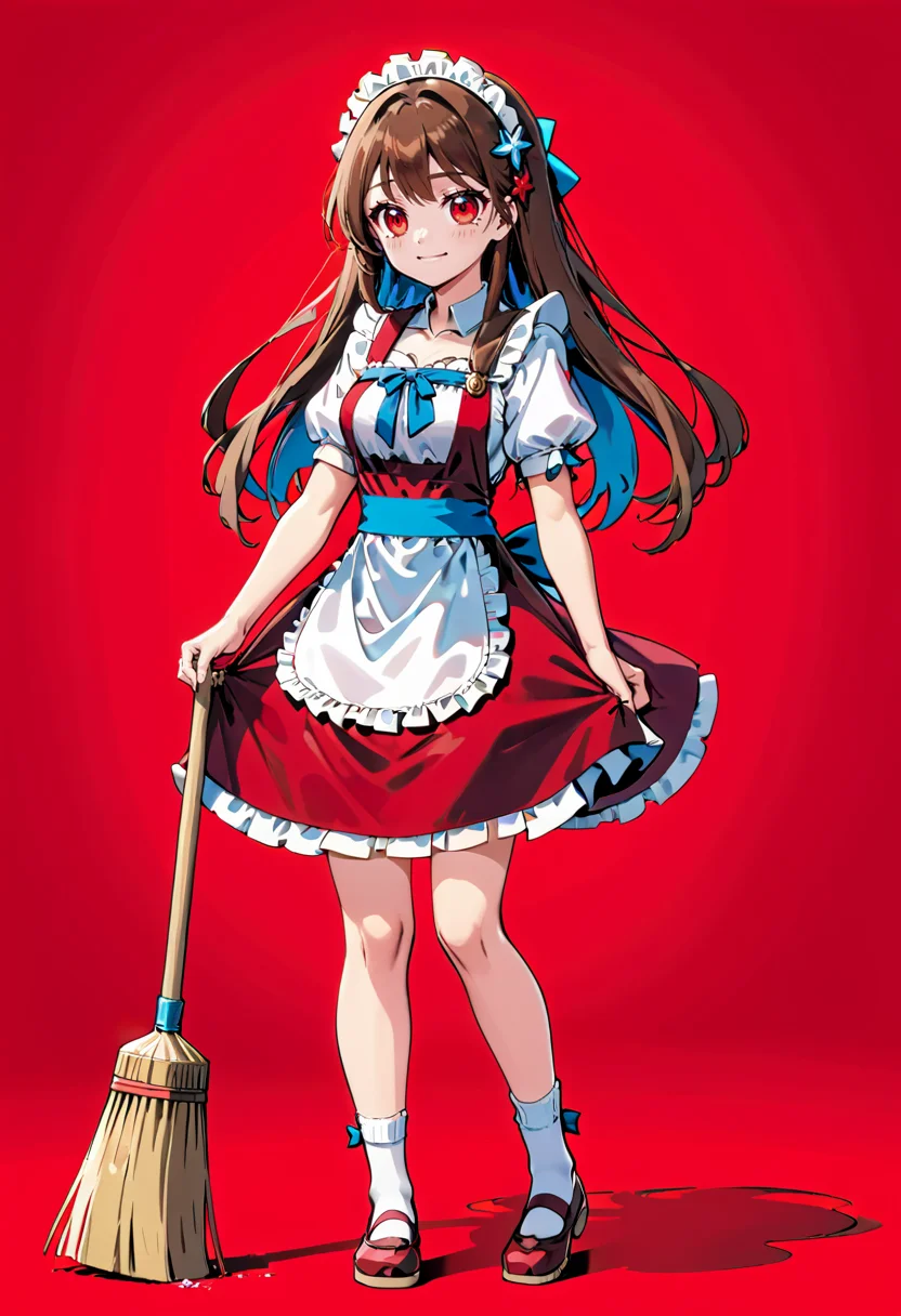 AnidskXL, 1girl, apron, broom, brown hair, dress, enmaided, full body, long hair, looking at viewer, maid, maid apron, maid headdress, mary janes, red background, red eyes, shoes, short sleeves, simple background, smile, socks, solo, sparkle, <lora:AnimeSDXLv1:0.8>