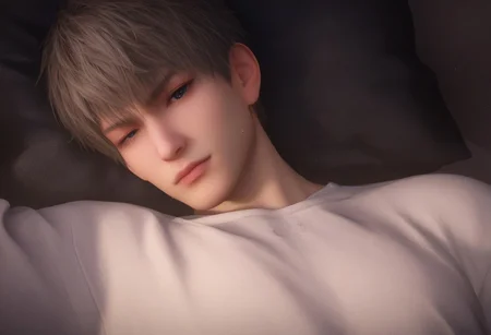 1boy, solo, male focus, slim toned male, xavier_(love_and_deepspace),( plum cheeks face, wide face, big eyes, wide eyes,:1.1) blond hair, short hair, bangs, pale skin, grey blue eyes, detailed eyes, satisfaction, satisfied, neutral, pensive face, smile, feminine, neutral expression, neutral eyebrow looks, band aids, band aid,
back of the head on pillow, dark theme, intense shadow, intimidating, chest close to viewer, dark light, no light, dark out, shadow, pajamas, socks, long pants, sweaty hair, long sleeves, looking at viewer, in bed, aesthetic, night sweating, sweat, steaming, heavy breathing, front view,
seductive, romantic, sleeping, clothes pull, relax rating PG, score_9,score_8_up,score_7_up, source_anime, male focus, manly, tall, detailed eyebrow, sharp eyebrows, focus on thigh, thigh focus, random view