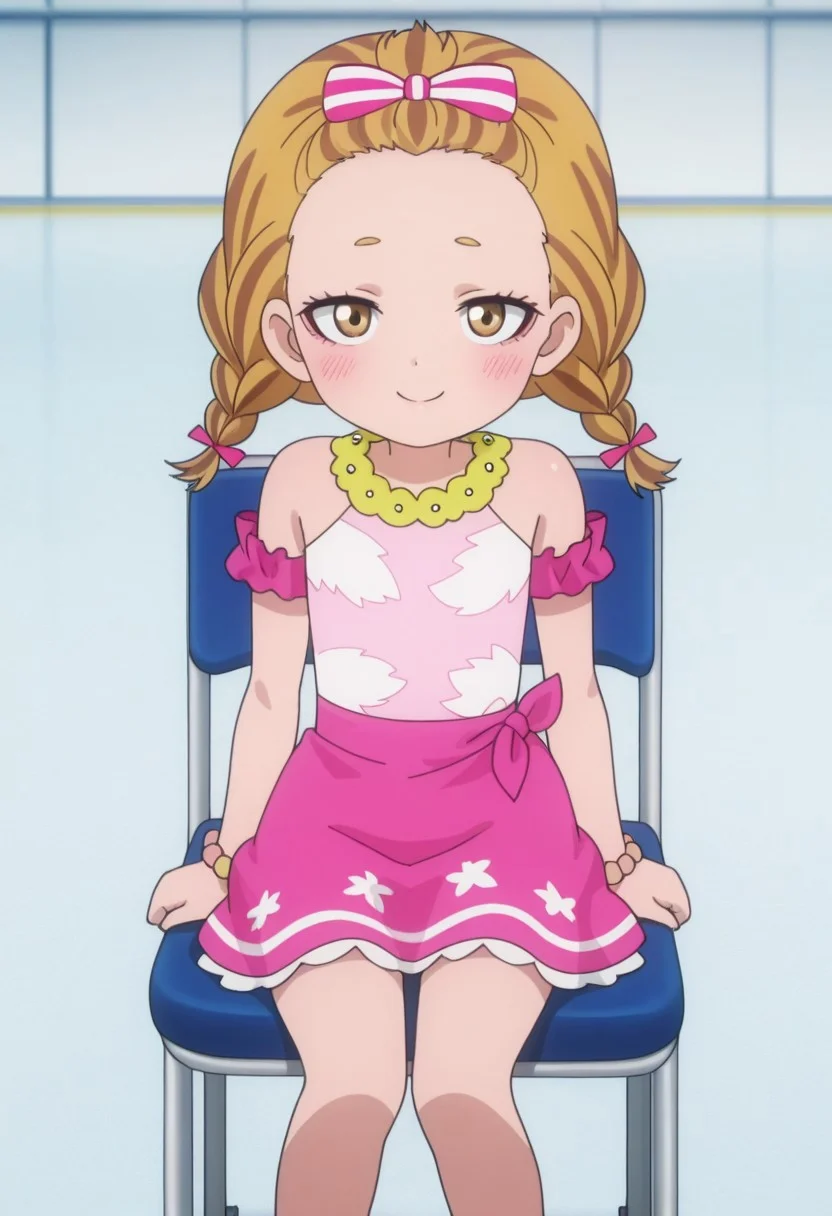 Masterpiece , best quality , amazing quality , anime screencap   ,a girl , , kkana    , , skirt , dress  ,twin braids  , sitting in chair   , looking at viewer , smile  , ice skater  , blonde