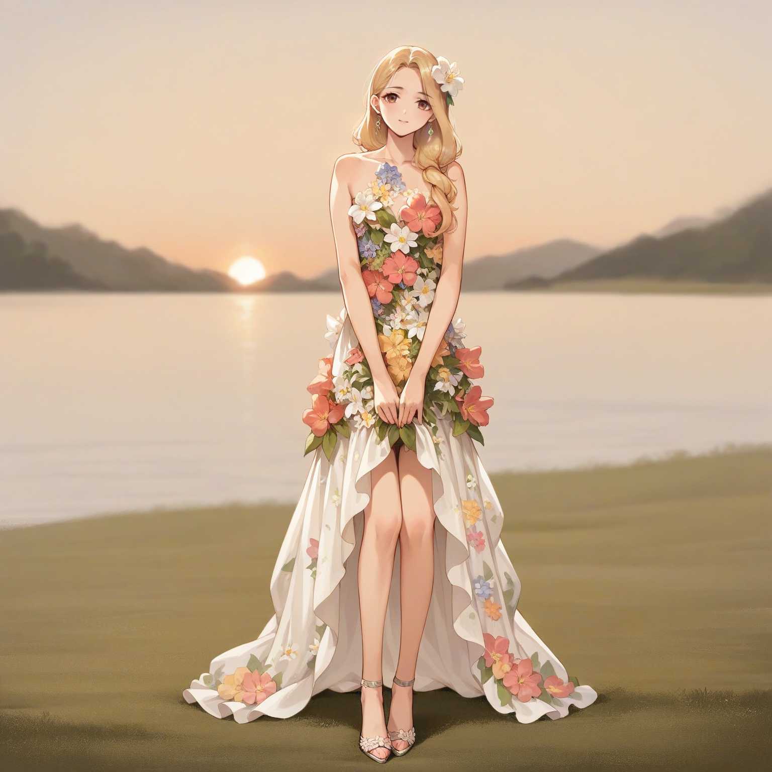 score_9. score_8_up, score_7_up, score_6_up, score_5_up, score_4_up, source_anime, woman, fl0r4l_1, flower dress, stiletto high heels, blonde hair, <lora:Floral_dress_pony_9:0.65>, open field, sunset, anime, chiffon
