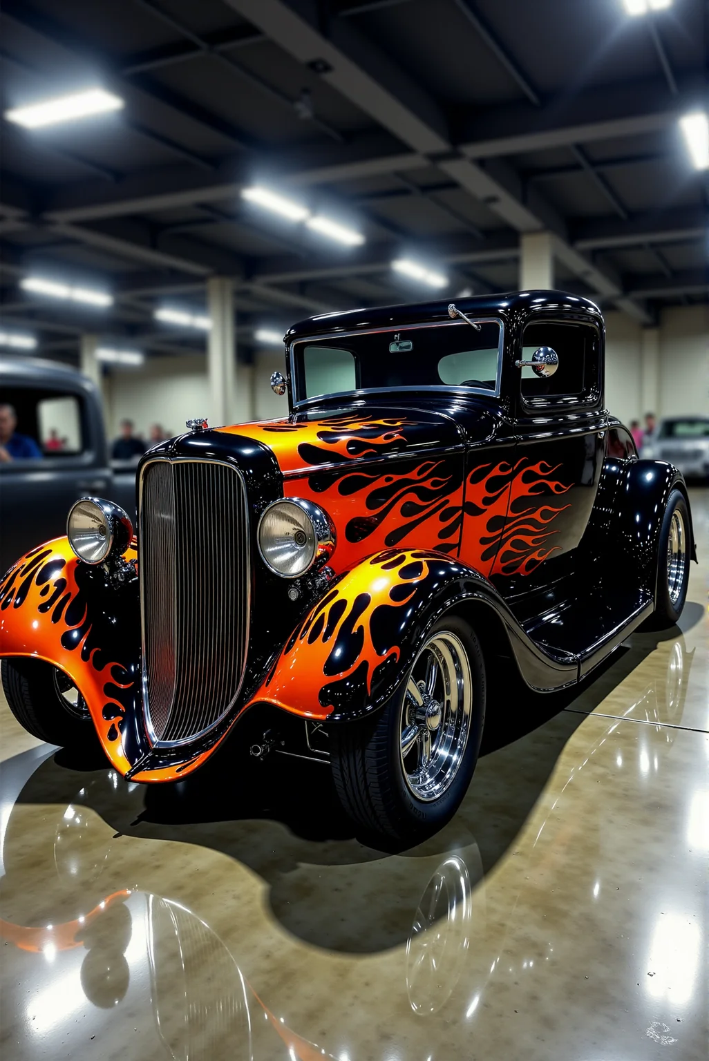 <lora:Hot_rod__style:0.8>
A stunning, custom-built hot rod with an aggressive, low-slung stance sits under the showroom lights, its bodywork a perfect fusion of classic American muscle and modern show-stopping aesthetics. The deep, glossy black paint serves as a dramatic canvas for the fiery airbrushed flames that surge from the front grille, licking across the curved fenders and stretching along the sculpted side panels in a seamless display of artistry. The exaggerated front grille, lined with menacing chrome teeth, gives the car a predatory presence, while the oversized headlights protrude slightly, enhancing its vintage yet radical appearance. Gleaming chrome accents highlight every sharp contour, from the intricate bumper details to the massive rear fenders that frame polished deep-dish racing wheels wrapped in wide, high-performance rubber. The ultra-low ride height and sleek, chopped roofline add an unmistakable air of speed and dominance, making this automotive masterpiece a rolling embodiment of power, attitude, and untamed energy.