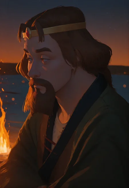 cinematic photo anime artwork cinematic film still concept art masterpiece, best quality,high quality, newest, highres,absurdres,
<lora:zayz-20:0.9>knyaza, 1boy, male focus, solo, facial hair, mustache, brown hair, beard, circlet, crown, (bored:0.7),
<lora:noobai_vpred_1_aqm_complete_v3:0.8> masterpiece, best quality, very aesthetic, <lora:96YOTTEA-WAI:0.9> samurai theme, katana, water, fire, stars, amotyh, joonp, dead inside . digital artwork, illustrative, painterly, matte painting, highly detailed . shallow depth of field, vignette, highly detailed, high budget Hollywood movie, bokeh, cinemascope, moody, epic, gorgeous, film grain, grainy . anime style, vibrant, studio anime, highly detailed . 35mm photograph, film, bokeh, professional, 4k, highly detailed