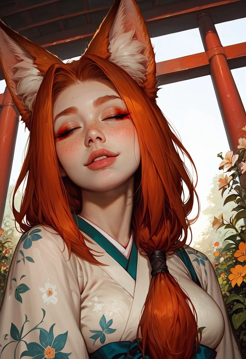 score_9_up, score_9, score_8_up, score_8, score_7_up, score_7, cinematic lighting, raw, high quality, 4k resolution, absurdres, masterpiece, dynamic lighting, high contrast, morimee_style, detailed face, 
1girl, solo, (kitsune), (fox ears), (mature), ((((pale skin)))), (closed eyes), ((red makeup)), ((redhead hair)), freckles on face, freckles on shoulders, ((long hairs, low ponytail)), [[average breasts]], (excited), (arched eyebrow), (white japanese kimono), kneeling, (long nails), head tilt, ribbon in hairs, flower in hairs,
close view, (below view), (Sakura, garden, flowers, torii gate)