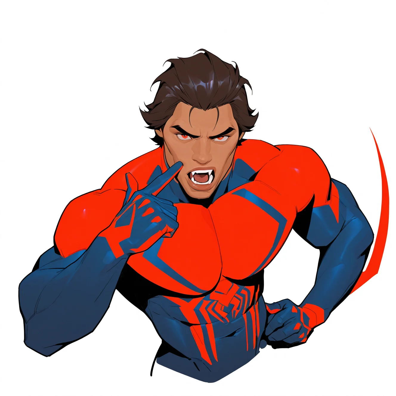 <lora:MIGUEL_OHARA-07:1>miguel_o_hara, solo, looking at viewer, short hair, brown hair, black hair, white background, 1boy, red eyes, upper body, male focus, dark skin, hand on own hip, muscular, bodysuit, fangs, thick eyebrows, muscular male, pectorals, dark-skinned male, bara, pointing, animal print, large pectorals, index finger raised, skin tight, mature male, cropped torso, hair slicked back, sanpaku, red bodysuit, blue bodysuit, pointing at self, arm blade, two-tone bodysuit, thick lips, cheekbones, open mouth, dynamic perspective, detailed background, motion blur, film grain, abstract, natural lighting, fantasy, cinematic, dynamic view, tilted angle, very awa, masterpiece, best quality, absurdres, newest, perfect quality, detailed background, intricate details, (artist:fl \(l-fl\):0.7), (artist:tooboshoo:0.7), (artist:dizdoodz:0.8)