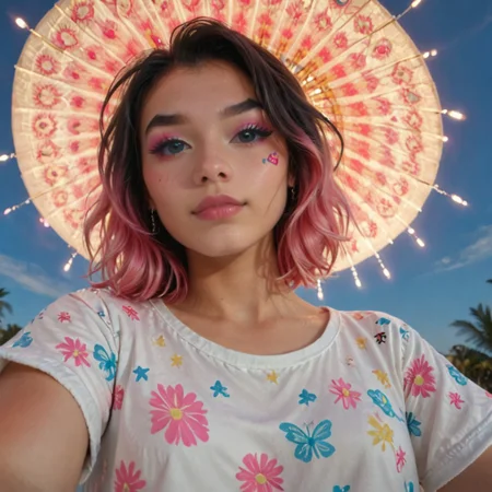 (aerial perspective), The image features a person with intricate asian face tattoos, wearing a brightly colored, patterned outfit, and accessorized with vibrant, multi-colored jewelry. The overall color scheme is dominated by shades of pink and blue, giving it a striking and artistic appearance,