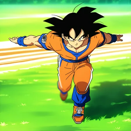 N4RUT0RUNv1, Source_anime, ((score_9)),score_8_up,score_7_up,score_6_up,score_5_up,score_4_up, solo, 1boy, Goku, source_DBZ, track_suit, running, arms behind back, arms straight, arms, outstretched arms, muscular male, intense, dynamic pose, meme, outdoors, wilderness, detailed background, green grass, orange dirt, stones