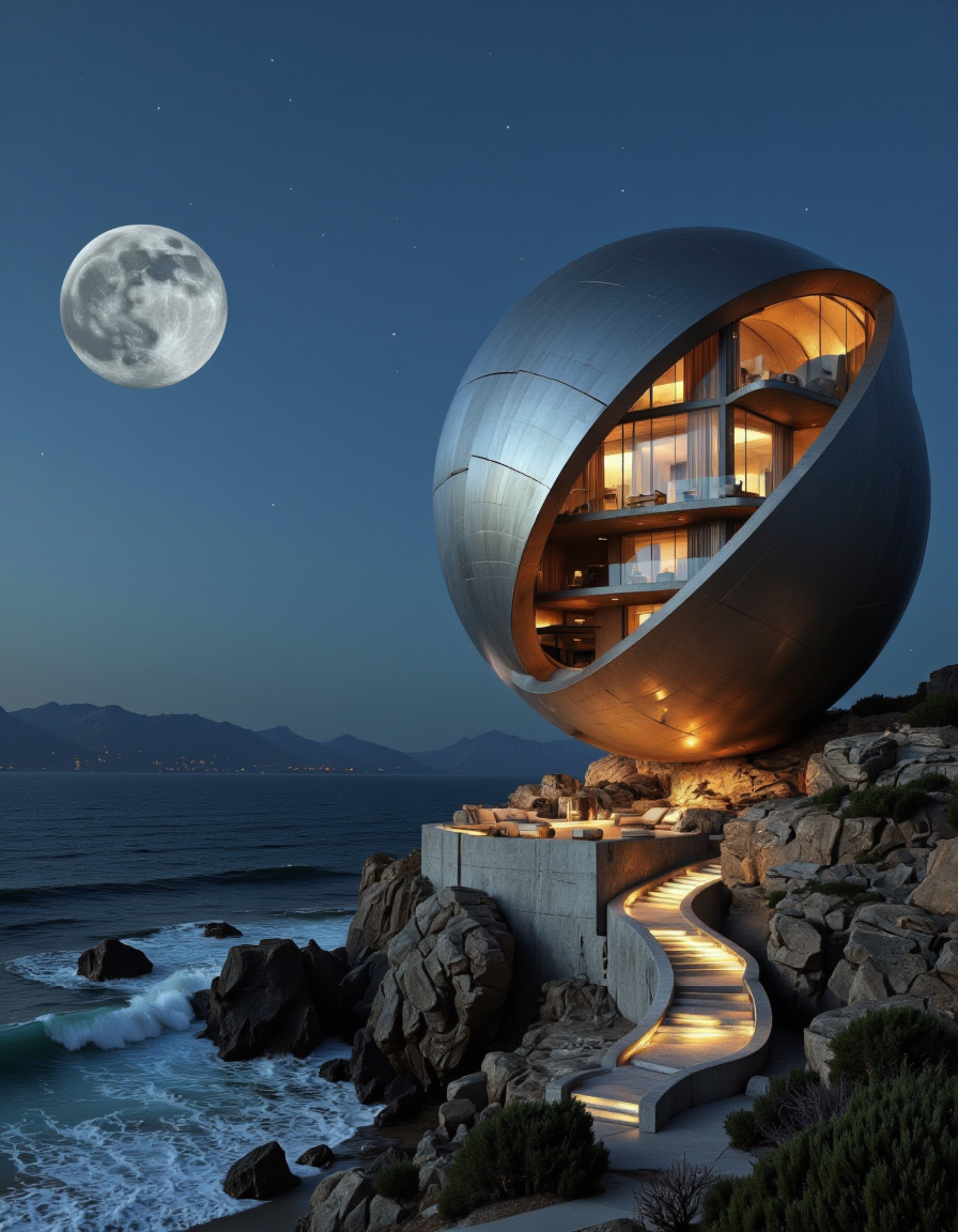 Futura. A photo-realistic shoot from a bird's eye view about a futuristic building perched on a rocky cliff overlooking the ocean at night, with a full moon in the sky. the image also shows a serene ocean with calm waves and distant mountains in the distance. on the right side of the image, a large, curved, metallic sphere-like structure, resembling a pod or pod, is illuminated by soft, warm lighting. the structure is situated on the rocky cliff, with stairs leading up to it, giving a sense of grandeur and tranquility. the building has a modern, minimalist design, with large windows that allow natural light to filter in, creating a warm and inviting atmosphere. the sky is a deep blue, with no clouds, and the overall mood is peaceful and serene. <lora:Futura-000005:1>