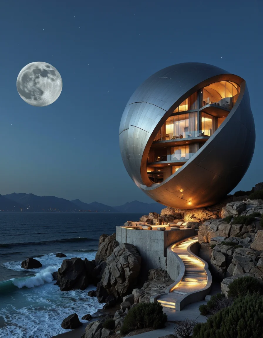 Futura. A photo-realistic shoot from a bird's eye view about a futuristic building perched on a rocky cliff overlooking the ocean at night, with a full moon in the sky. the image also shows a serene ocean with calm waves and distant mountains in the distance. on the right side of the image, a large, curved, metallic sphere-like structure, resembling a pod or pod, is illuminated by soft, warm lighting. the structure is situated on the rocky cliff, with stairs leading up to it, giving a sense of grandeur and tranquility. the building has a modern, minimalist design, with large windows that allow natural light to filter in, creating a warm and inviting atmosphere. the sky is a deep blue, with no clouds, and the overall mood is peaceful and serene. <lora:Futura-000005:1>