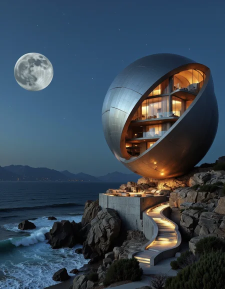 Futura. A photo-realistic shoot from a bird's eye view about a futuristic building perched on a rocky cliff overlooking the ocean at night, with a full moon in the sky. the image also shows a serene ocean with calm waves and distant mountains in the distance. on the right side of the image, a large, curved, metallic sphere-like structure, resembling a pod or pod, is illuminated by soft, warm lighting. the structure is situated on the rocky cliff, with stairs leading up to it, giving a sense of grandeur and tranquility. the building has a modern, minimalist design, with large windows that allow natural light to filter in, creating a warm and inviting atmosphere. the sky is a deep blue, with no clouds, and the overall mood is peaceful and serene. <lora:Futura-000005:1>