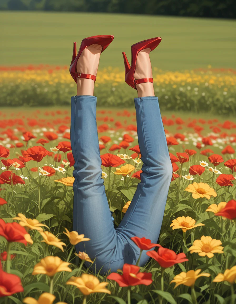 score_9, score_8_up, score_7_up, score_6_up, score_5_up, score_4_up, 1girl, solo, hud_b0tt0msup, high heels, pants, feet, flower field, facing viewer <lora:bottomsup:1>