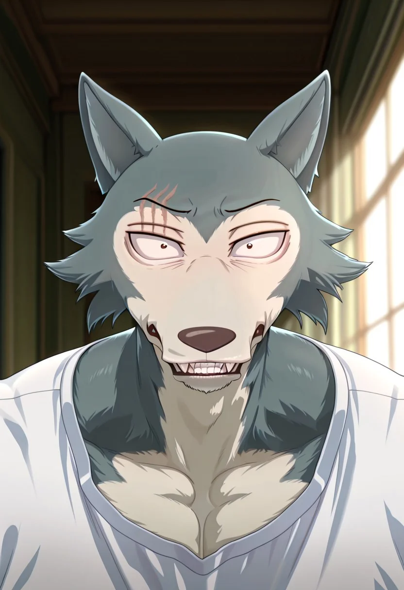 masterpiece, best quality, amazing quality, 
Legoshi, anthro, wolf, beastars, scar on right brow, mature male, animal ears, grayish blue fur, brown eyes, angry expression, upper eyelid half closed, smug, sharp teeths, sharp fangs, 
blurry background, volumetric lighting, angry grin, open eyes, 1boy, solo, male focus, mature male, looking at viewer,  simple background, evil grin, head focus, portrait, detailed head, broad shoulders, muscle chest, white shirt, very angry head,