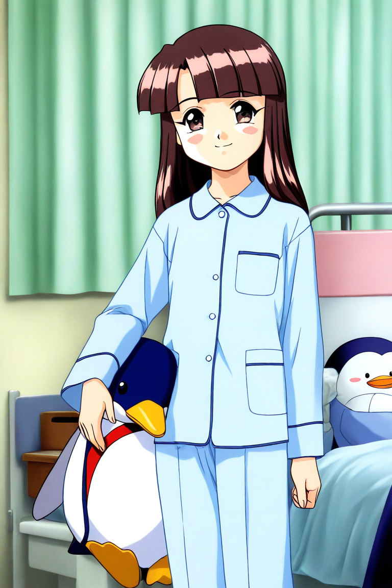 general,highres, ultra-detailed,very aesthetic,best quality ,best hands, BREAK <lora:Sakurai_Miyuri_Suchie-Pai_Ver2.0_IS:1>
Sakurai_Miyuri, 1girl, solo, brown hair, long hair, brown eyes, blunt bangs, flat chest,
smile,
light blue pajamas, stuffed animal, penguin, hold,
hospital room,