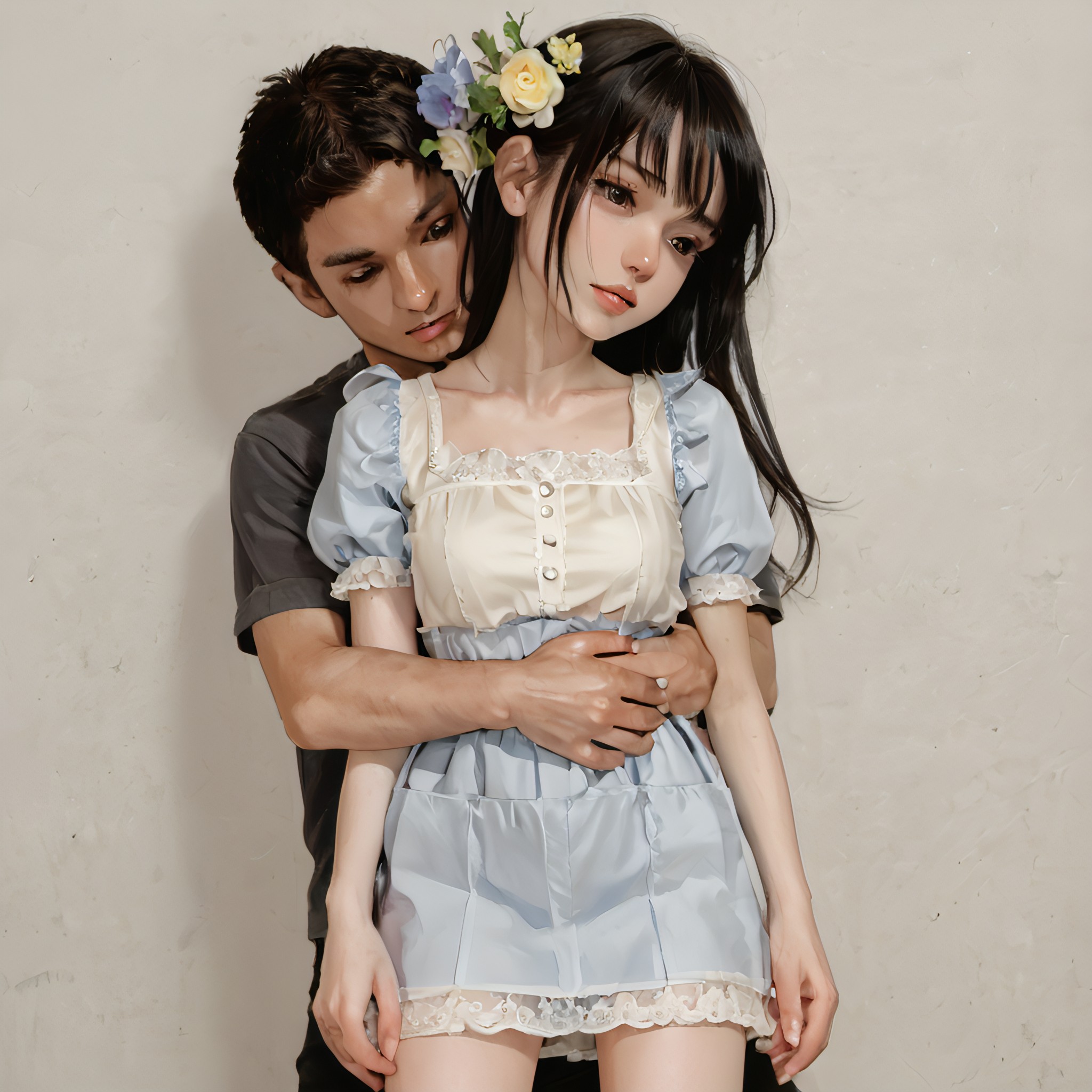 score_9_up, score_9, score_8_up, score_7_up, rating_explicit, anime, highly detailed, extremely detailed, best quality, masterpiece, 1boy, 1girl, couple, boy's arm around girl's waist, hand on waist, girl grabbing boy's arm, boy in shirt, short sleeves, flower pin, red rose pin, girl in dress, short dress, summer dress, flower crown, flower meadow, colorful flowers, soft colors, low saturation, red flowers, yellow flowers, blue flowers, purple flowers, ((pastel colors)), pastel_style, ((flowers)), [[long shot]], medium long shot, wallpaper, rating_safe, as109 Shoujo, Long black hair, Dark eyes, Pale skin, Lace details, Doll-like appearance, Delicate features, Formal dress style, hairclip,