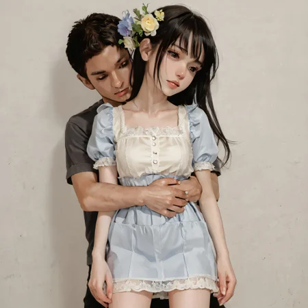 score_9_up, score_9, score_8_up, score_7_up, rating_explicit, anime, highly detailed, extremely detailed, best quality, masterpiece, 1boy, 1girl, couple, boy's arm around girl's waist, hand on waist, girl grabbing boy's arm, boy in shirt, short sleeves, flower pin, red rose pin, girl in dress, short dress, summer dress, flower crown, flower meadow, colorful flowers, soft colors, low saturation, red flowers, yellow flowers, blue flowers, purple flowers, ((pastel colors)), pastel_style, ((flowers)), [[long shot]], medium long shot, wallpaper, rating_safe, as109 Shoujo, Long black hair, Dark eyes, Pale skin, Lace details, Doll-like appearance, Delicate features, Formal dress style, hairclip,