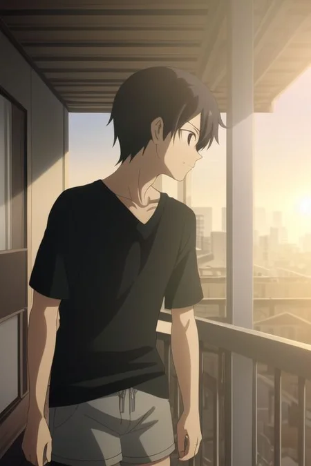 high resolution, professional photography, best quality, 1Boy, Kazuto Kirigaya, Black Hair, Black Eyes, home balcony, morning, soft sunlight, cigarette, coffee, v-neck t-shirt, shorts, potrait, looking away,
