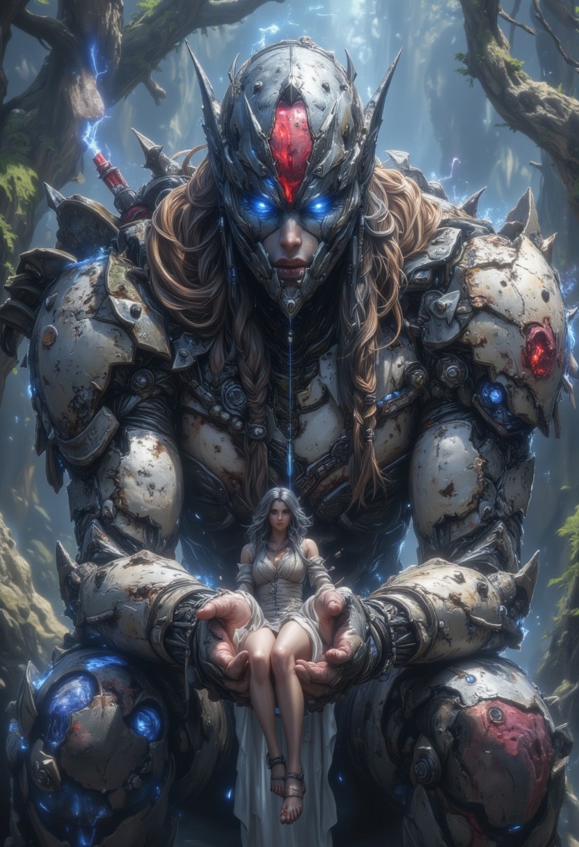 phantasie. A large robot holds a woman in its hands. The woman is so small that she sits on the robot's hand.
best quality, ultra-detailed, very aesthetic, illustration, perfect composition, intricate details,  atmospheric lighting, streaks of light
Masterpiece, vibrant colors, very detailed, midjourneyv6.1, detail background, ArsMJStyle, ChiaroscuroFantasy, detailed